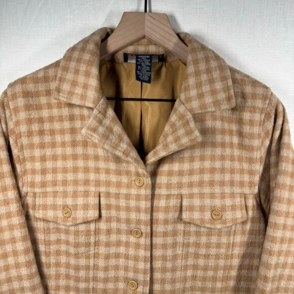 DENIM & CO Chore Coat Womens M Wool Blend Plaid Checkered Jacket Neutral Boxy - Picture 2 of 12